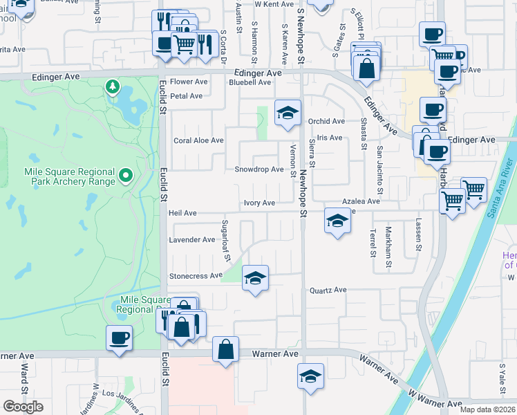 map of restaurants, bars, coffee shops, grocery stores, and more near 16440 Mount Ararat Circle in Fountain Valley