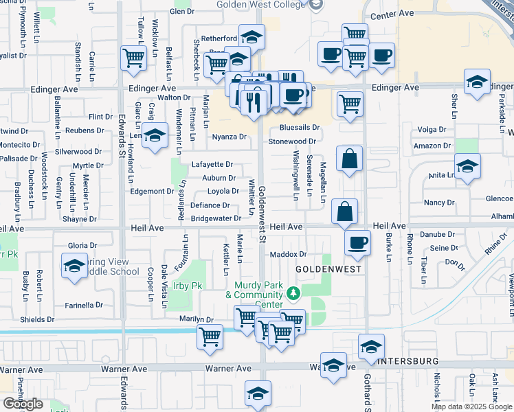 map of restaurants, bars, coffee shops, grocery stores, and more near 7001 Valentine Drive in Huntington Beach