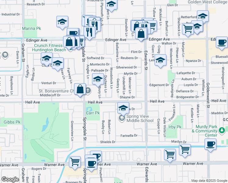 map of restaurants, bars, coffee shops, grocery stores, and more near 16362 Woodstock Lane in Huntington Beach