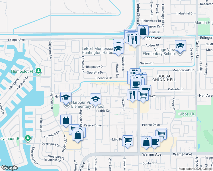 map of restaurants, bars, coffee shops, grocery stores, and more near 4672 Scenario Drive in Huntington Beach