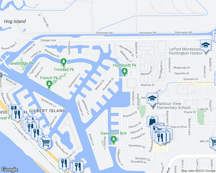 map of restaurants, bars, coffee shops, grocery stores, and more near 3989 Humboldt Drive in Huntington Beach