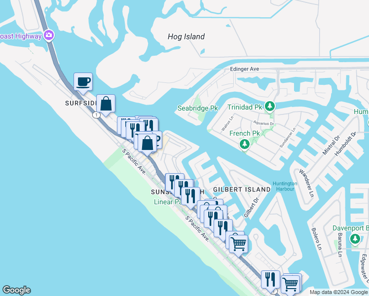map of restaurants, bars, coffee shops, grocery stores, and more near 3277 Moritz Drive in Huntington Beach