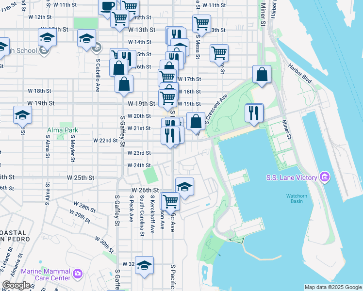 map of restaurants, bars, coffee shops, grocery stores, and more near 452 West 22nd Street in Los Angeles