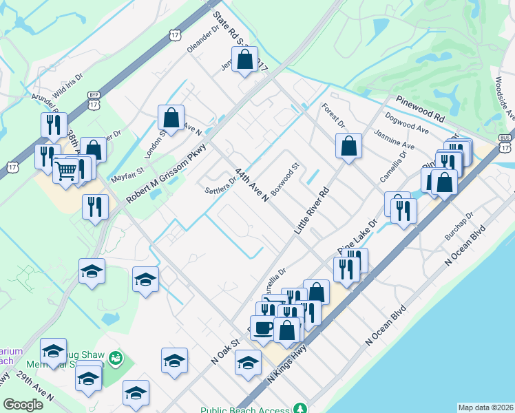 map of restaurants, bars, coffee shops, grocery stores, and more near 821 44th Avenue North in Myrtle Beach