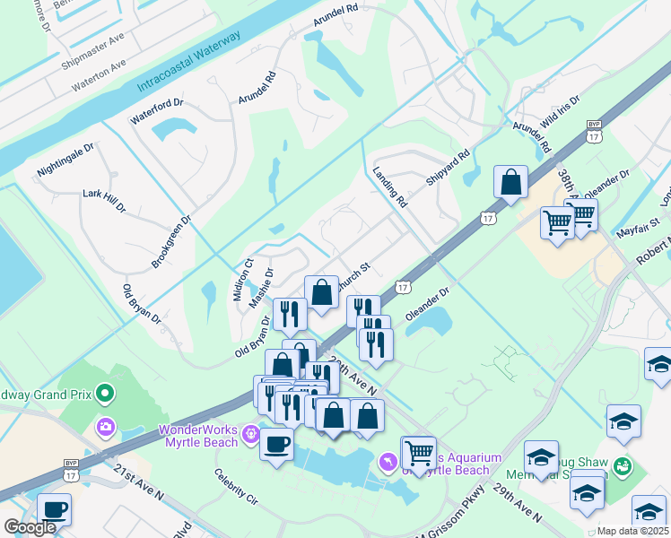 map of restaurants, bars, coffee shops, grocery stores, and more near 12-8 Shorewood Drive in Myrtle Beach