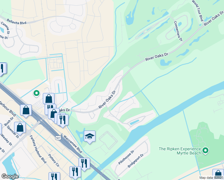 map of restaurants, bars, coffee shops, grocery stores, and more near 573 Blue River Court in Myrtle Beach