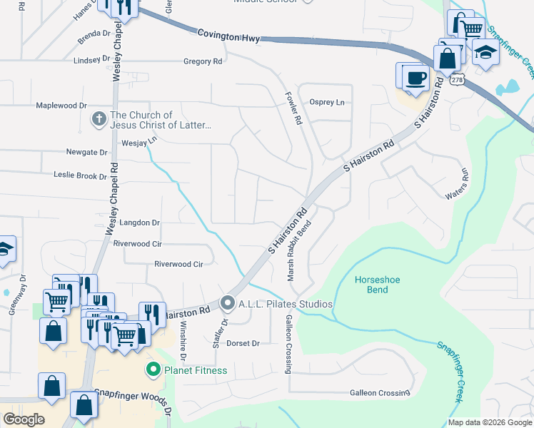 map of restaurants, bars, coffee shops, grocery stores, and more near 2209 Dover Castle Way in Decatur