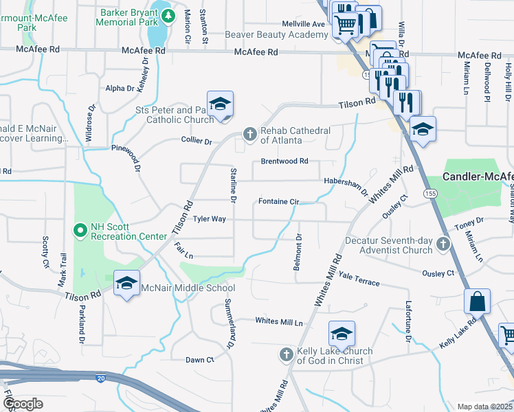 map of restaurants, bars, coffee shops, grocery stores, and more near 2464 Fontaine Circle in Decatur