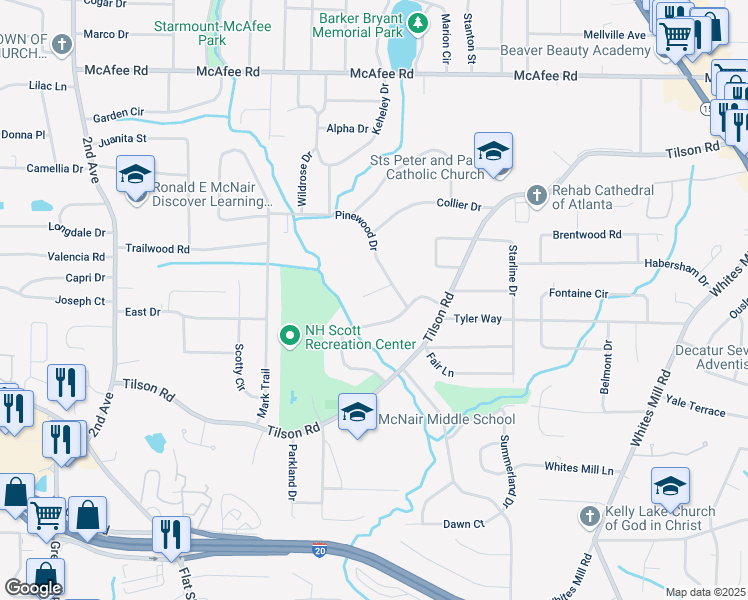 map of restaurants, bars, coffee shops, grocery stores, and more near 2285 Lullwood Trail in Decatur