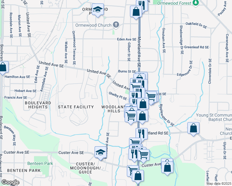 map of restaurants, bars, coffee shops, grocery stores, and more near 1072 Shelby Place Southeast in Atlanta