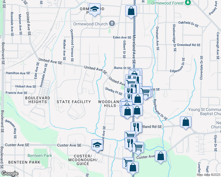 map of restaurants, bars, coffee shops, grocery stores, and more near 1068 Shelby Place Southeast in Atlanta