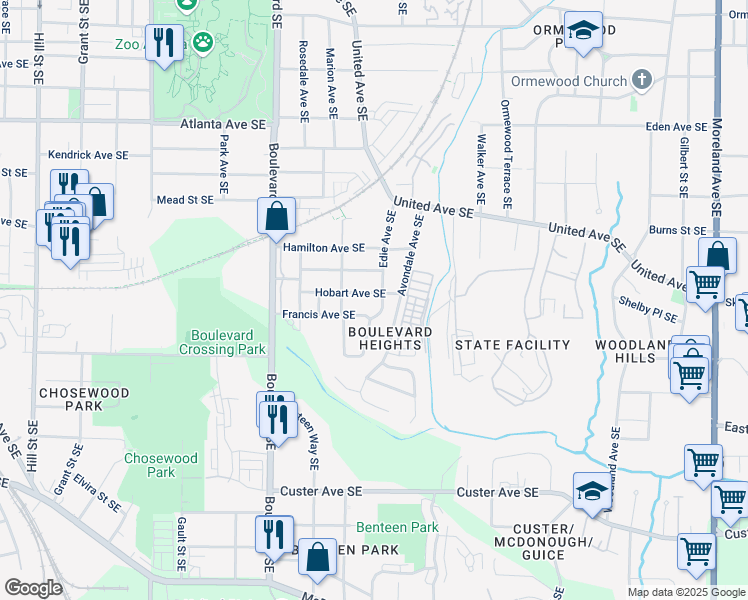 map of restaurants, bars, coffee shops, grocery stores, and more near 731 Hobart Avenue Southeast in Atlanta