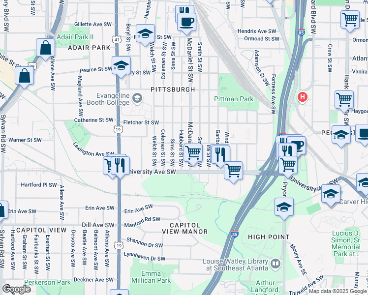 map of restaurants, bars, coffee shops, grocery stores, and more near 1140 Hubbard Street Southwest in Atlanta