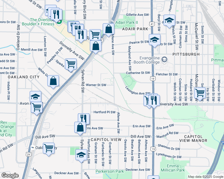 map of restaurants, bars, coffee shops, grocery stores, and more near 1135 Allene Avenue Southwest in Atlanta