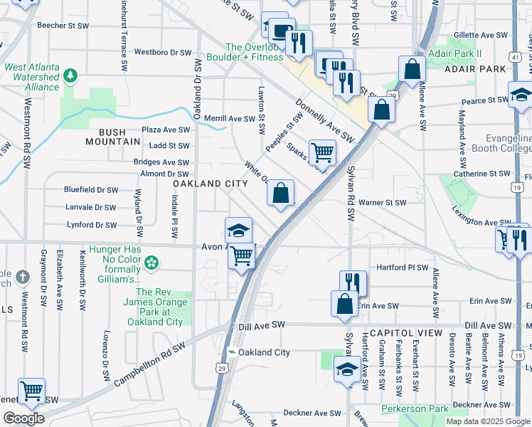 map of restaurants, bars, coffee shops, grocery stores, and more near 1075 Tucker Avenue Southwest in Atlanta