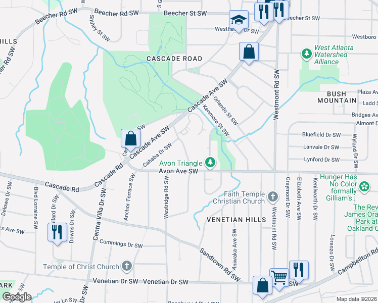 map of restaurants, bars, coffee shops, grocery stores, and more near 1120 Cahaba Drive Southwest in Atlanta