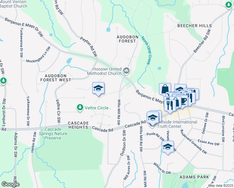map of restaurants, bars, coffee shops, grocery stores, and more near 1107 Cardinal Way Southwest in Atlanta