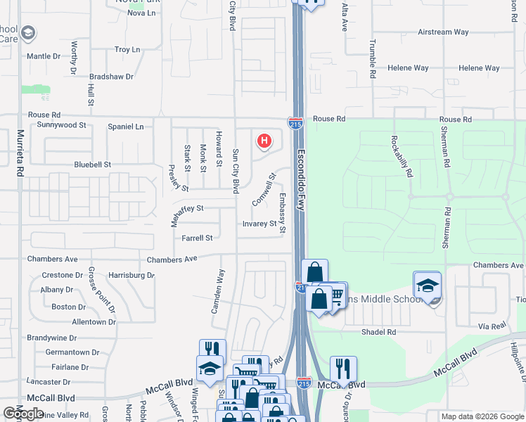 map of restaurants, bars, coffee shops, grocery stores, and more near 27327 Ventan Street in Menifee
