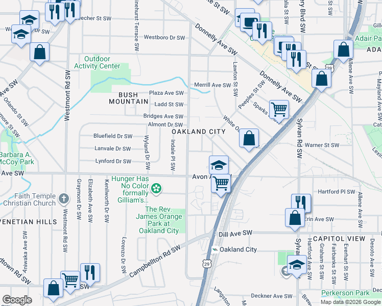 map of restaurants, bars, coffee shops, grocery stores, and more near 1121 Oakland Drive Southwest in Atlanta
