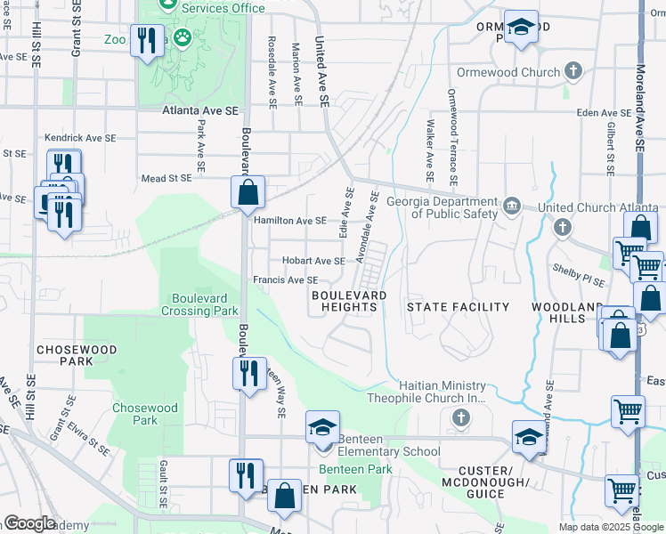map of restaurants, bars, coffee shops, grocery stores, and more near 731 Hobart Avenue Southeast in Atlanta