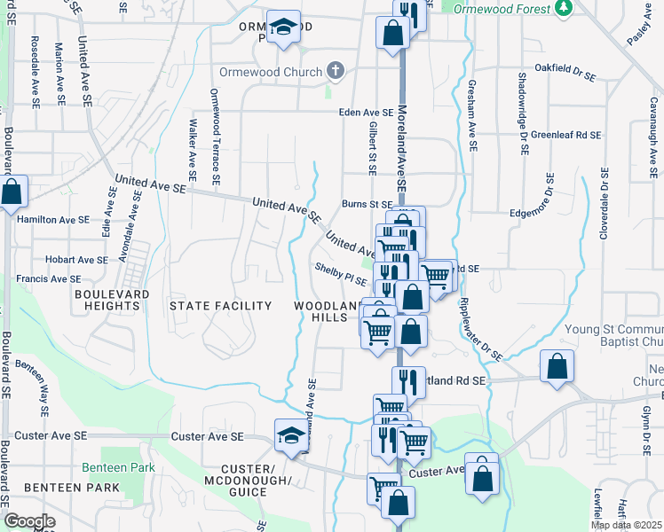 map of restaurants, bars, coffee shops, grocery stores, and more near 1068 Shelby Place Southeast in Atlanta