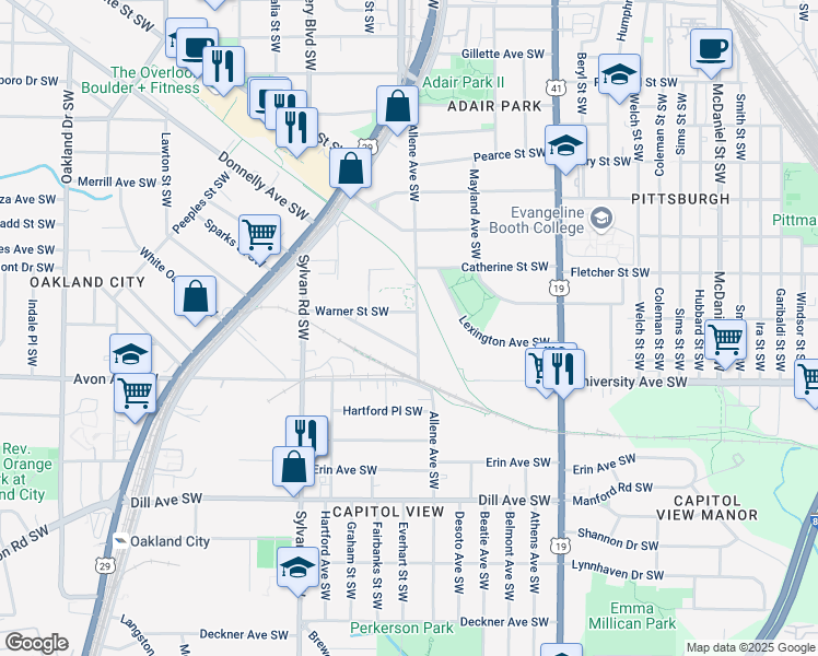 map of restaurants, bars, coffee shops, grocery stores, and more near 1135 Allene Avenue Southwest in Atlanta