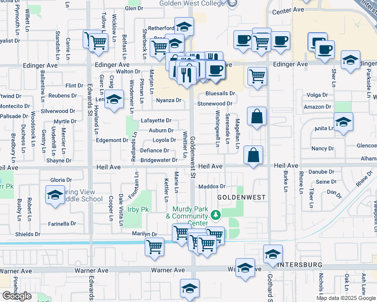map of restaurants, bars, coffee shops, grocery stores, and more near 7001 Valentine Drive in Huntington Beach