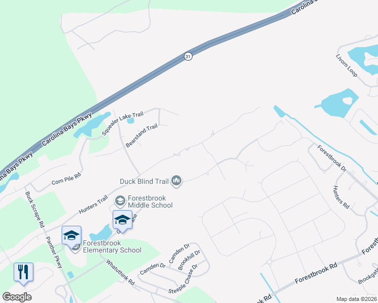 map of restaurants, bars, coffee shops, grocery stores, and more near 2426 Hunters Trail in Myrtle Beach