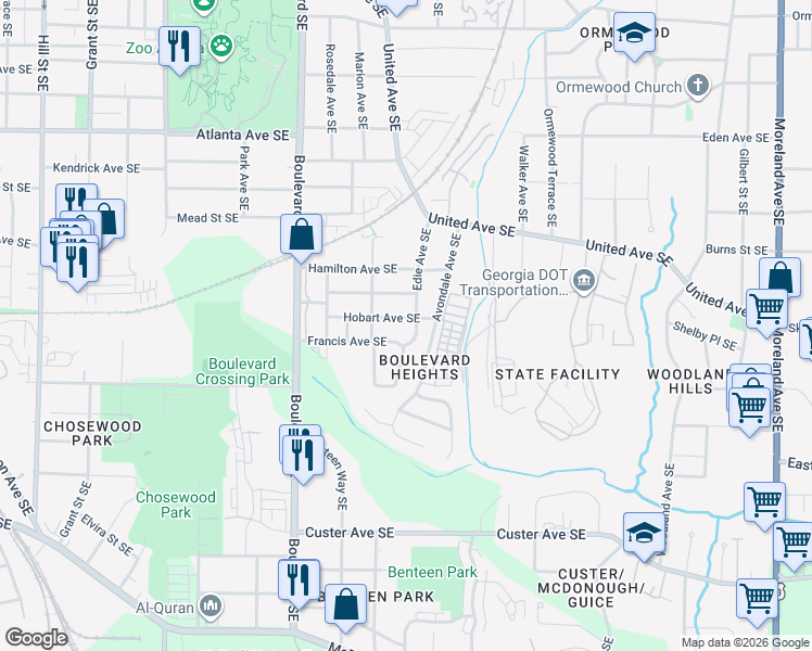 map of restaurants, bars, coffee shops, grocery stores, and more near 731 Hobart Avenue Southeast in Atlanta