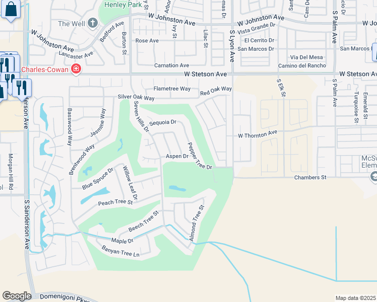 map of restaurants, bars, coffee shops, grocery stores, and more near 1389 Pepper Tree Drive in Hemet