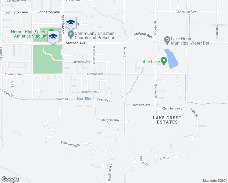 map of restaurants, bars, coffee shops, grocery stores, and more near 42174 Bancroft Way in Hemet