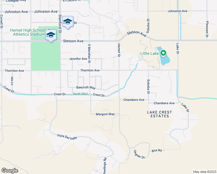map of restaurants, bars, coffee shops, grocery stores, and more near 42174 Bancroft Way in Hemet