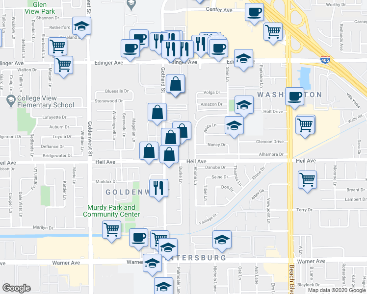 map of restaurants, bars, coffee shops, grocery stores, and more near 16392 Gothard Street in Huntington Beach