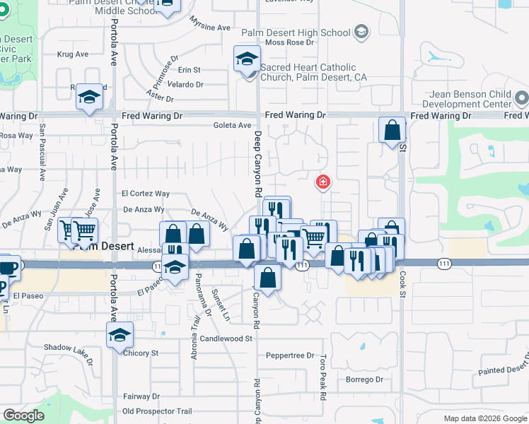 map of restaurants, bars, coffee shops, grocery stores, and more near 44641 Monaco Circle in Palm Desert
