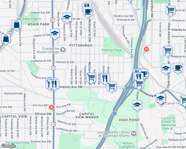 map of restaurants, bars, coffee shops, grocery stores, and more near 1143 Smith Street Southwest in Atlanta