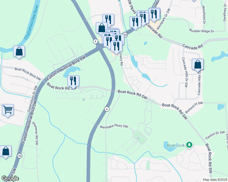 map of restaurants, bars, coffee shops, grocery stores, and more near 952 Boat Rock Road Southwest in Atlanta