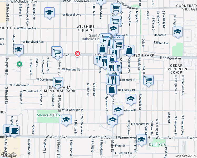 map of restaurants, bars, coffee shops, grocery stores, and more near 1800 South Broadway in Santa Ana