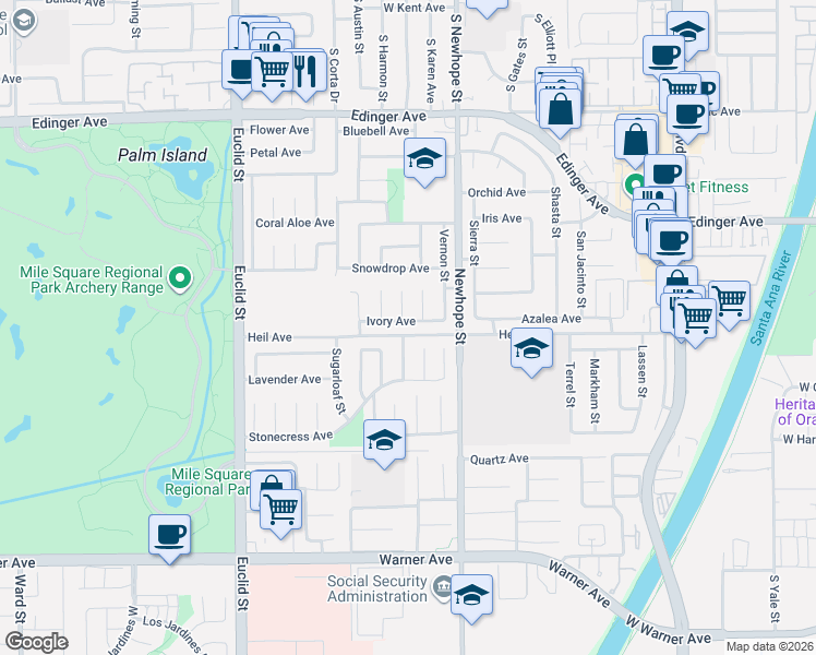 map of restaurants, bars, coffee shops, grocery stores, and more near 16445 Mount Newberry Circle in Fountain Valley