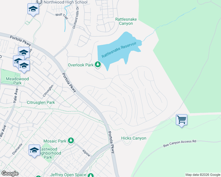 map of restaurants, bars, coffee shops, grocery stores, and more near 4727 Portola Parkway in Irvine