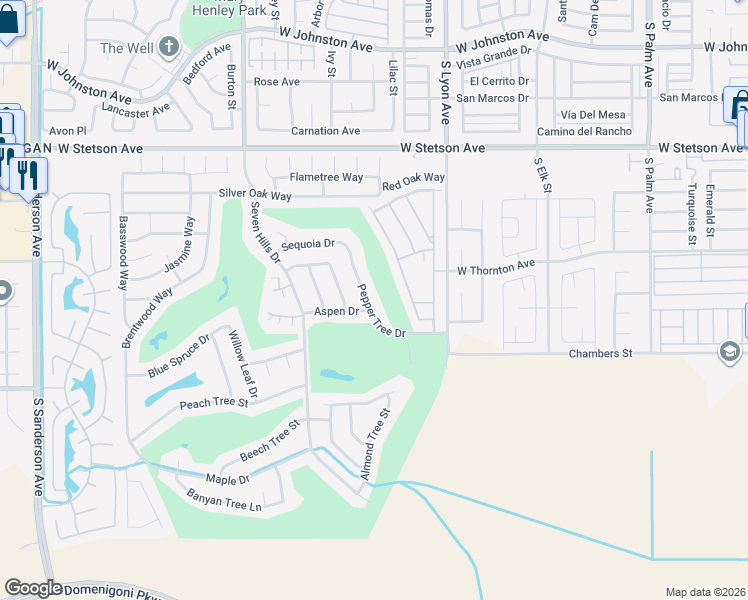 map of restaurants, bars, coffee shops, grocery stores, and more near 1428 Pepper Tree Drive in Hemet