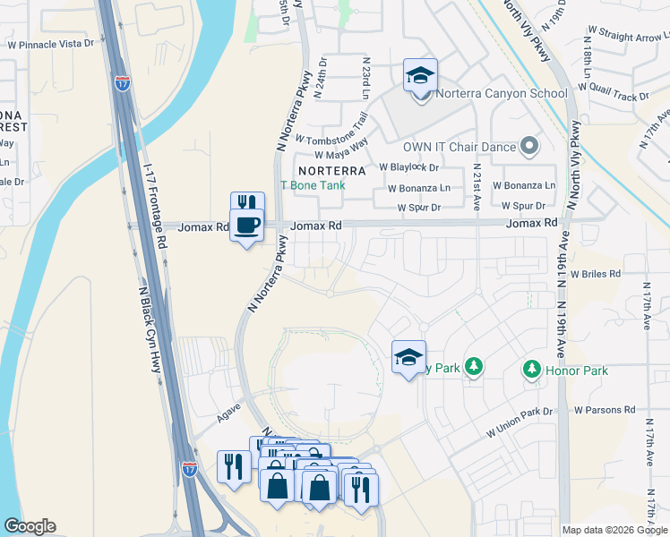 map of restaurants, bars, coffee shops, grocery stores, and more near West Jomax Road in Phoenix
