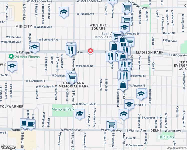 map of restaurants, bars, coffee shops, grocery stores, and more near 1808 South Van Ness Avenue in Santa Ana