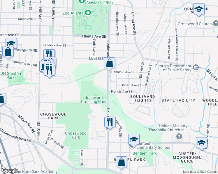 map of restaurants, bars, coffee shops, grocery stores, and more near 1112 Boulevard Southeast in Atlanta