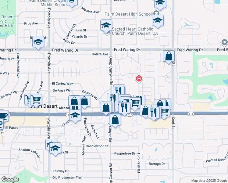 map of restaurants, bars, coffee shops, grocery stores, and more near 44641 Monaco Circle in Palm Desert