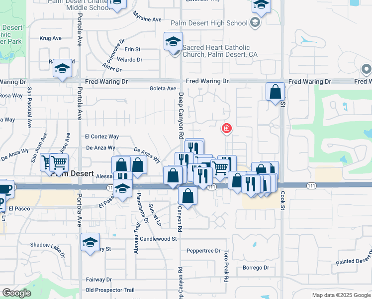 map of restaurants, bars, coffee shops, grocery stores, and more near 44641 Monaco Circle in Palm Desert