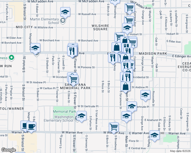 map of restaurants, bars, coffee shops, grocery stores, and more near 1808 South Van Ness Avenue in Santa Ana