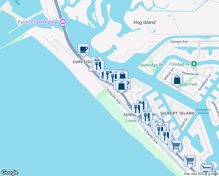 map of restaurants, bars, coffee shops, grocery stores, and more near 16342 North Pacific Avenue in Huntington Beach