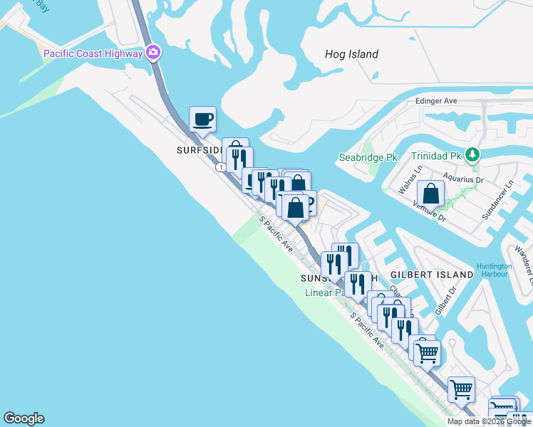 map of restaurants, bars, coffee shops, grocery stores, and more near 16342 North Pacific Avenue in Huntington Beach