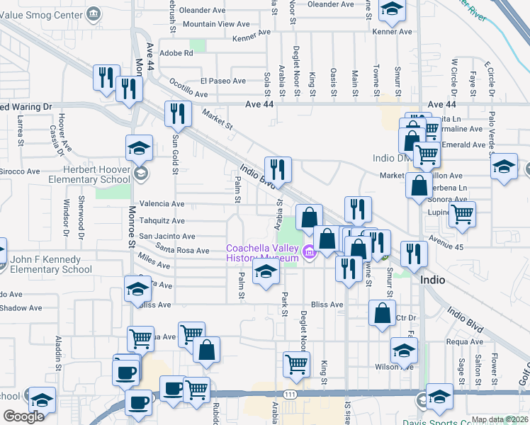map of restaurants, bars, coffee shops, grocery stores, and more near 82481 Valencia Avenue in Indio