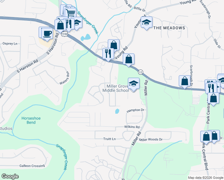 map of restaurants, bars, coffee shops, grocery stores, and more near 4992 Hidden Creek Court in Decatur